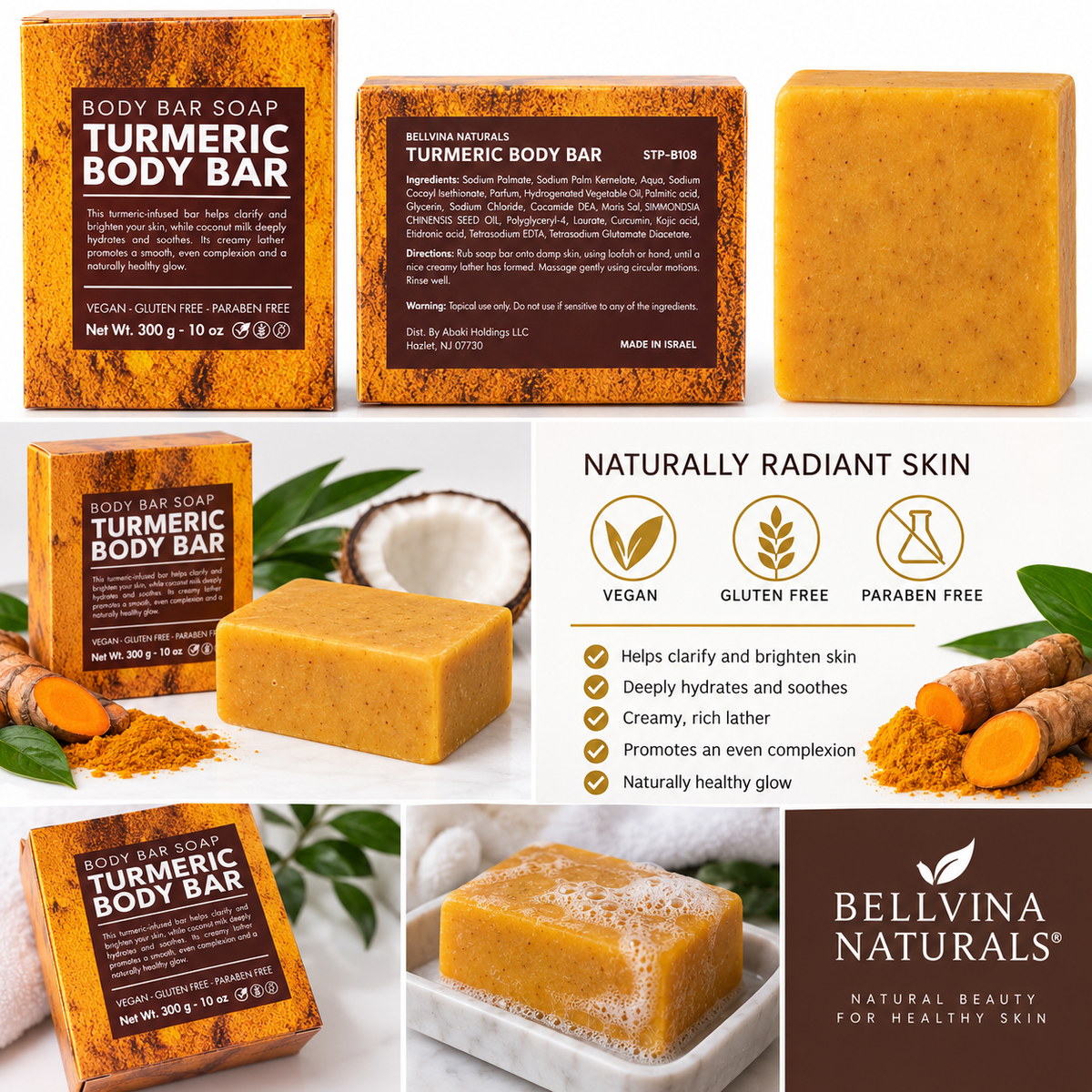 Turmeric Body Bar Soap with Coconut Milk – 10 oz (300 g) – Vegan, Gluten Free & Paraben Free